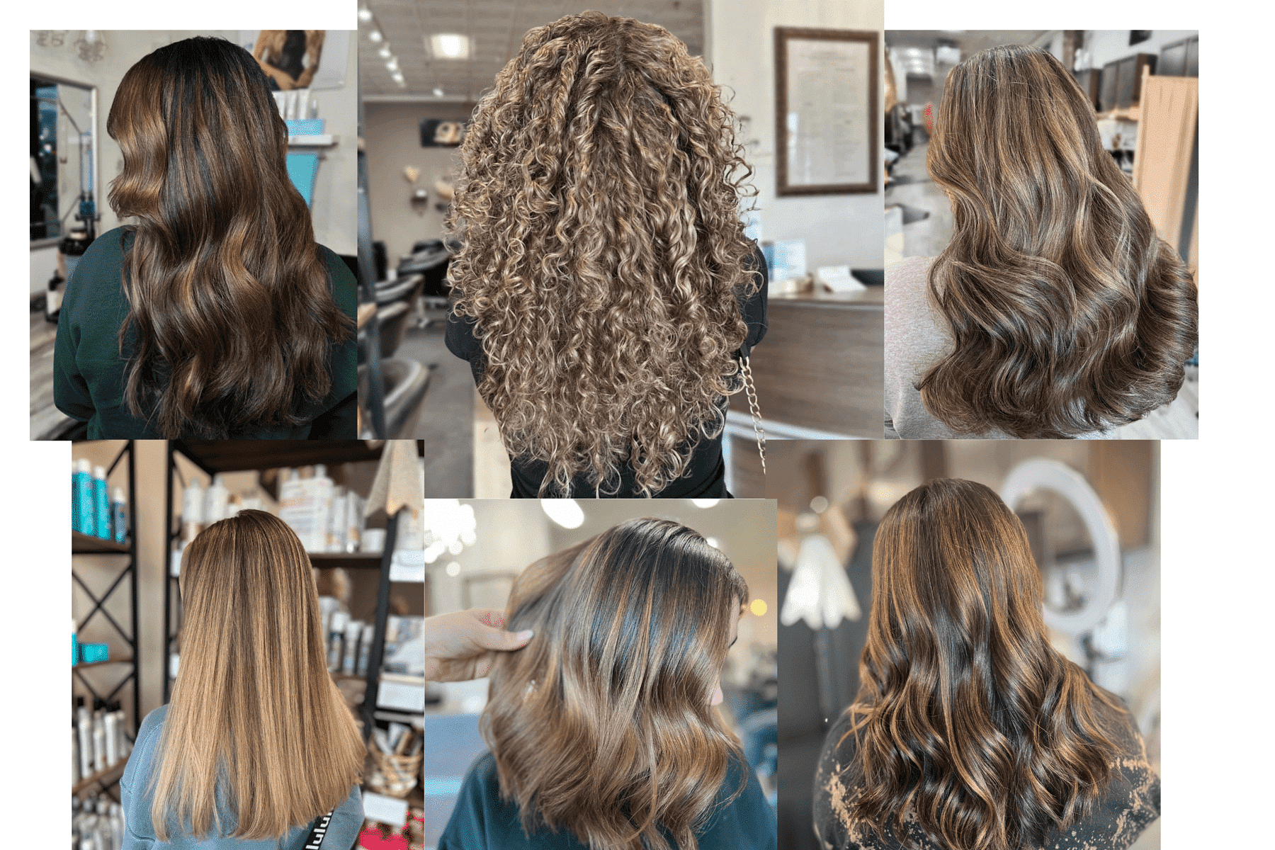 Different hairstyles and shades of highlighted brown hair seen from the back in a salon setting.